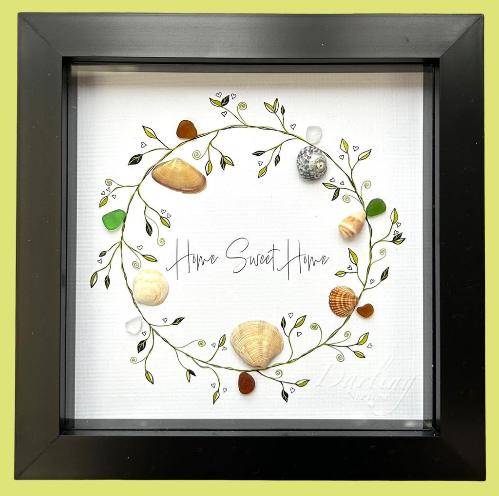 Sea Glass Shell Wreath Frame – Handmade Coastal “Home Sweet Home” Wall Art Gift