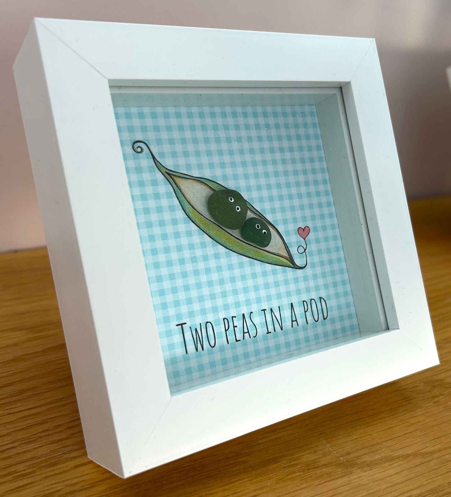 Sea Glass Art - Two Peas in a Pod Framed Picture, Handmade 5x5 Blue
