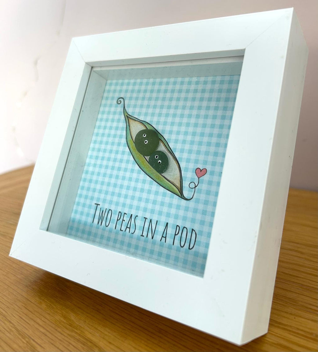 Sea Glass Art - Two Peas in a Pod Framed Picture, Handmade 5x5 Blue