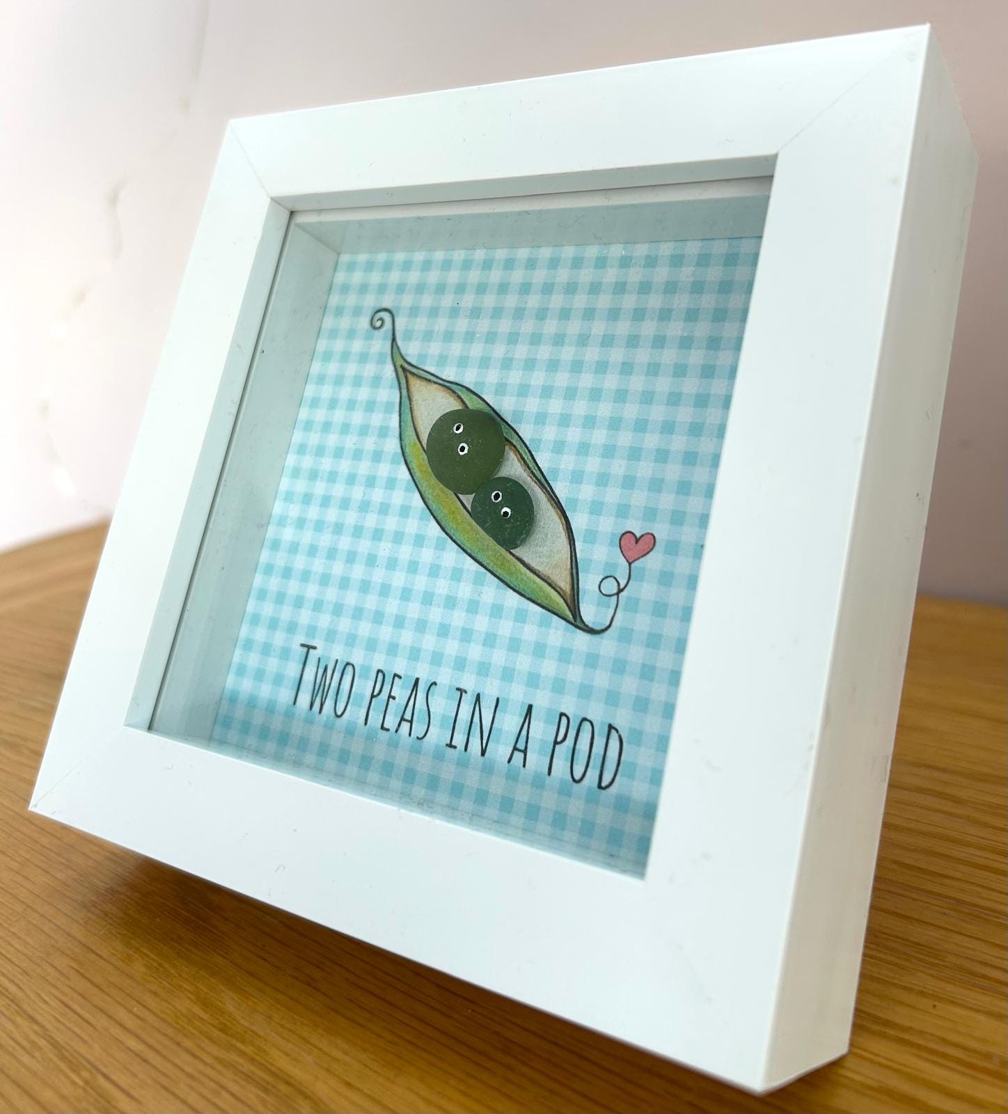 Sea Glass Art - Two Peas in a Pod Framed Picture, Handmade 5x5 Blue