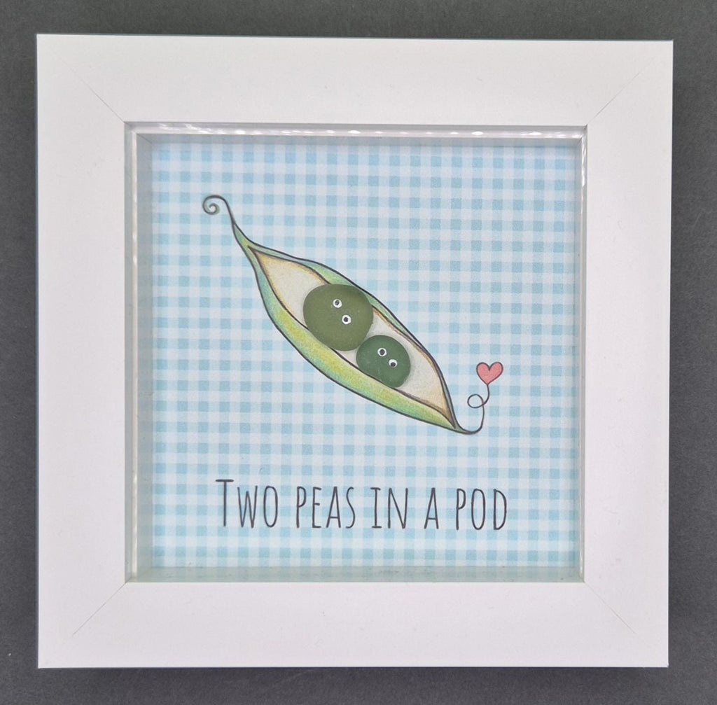 Sea Glass Art - Two Peas in a Pod Framed Picture, Handmade 5x5 Blue