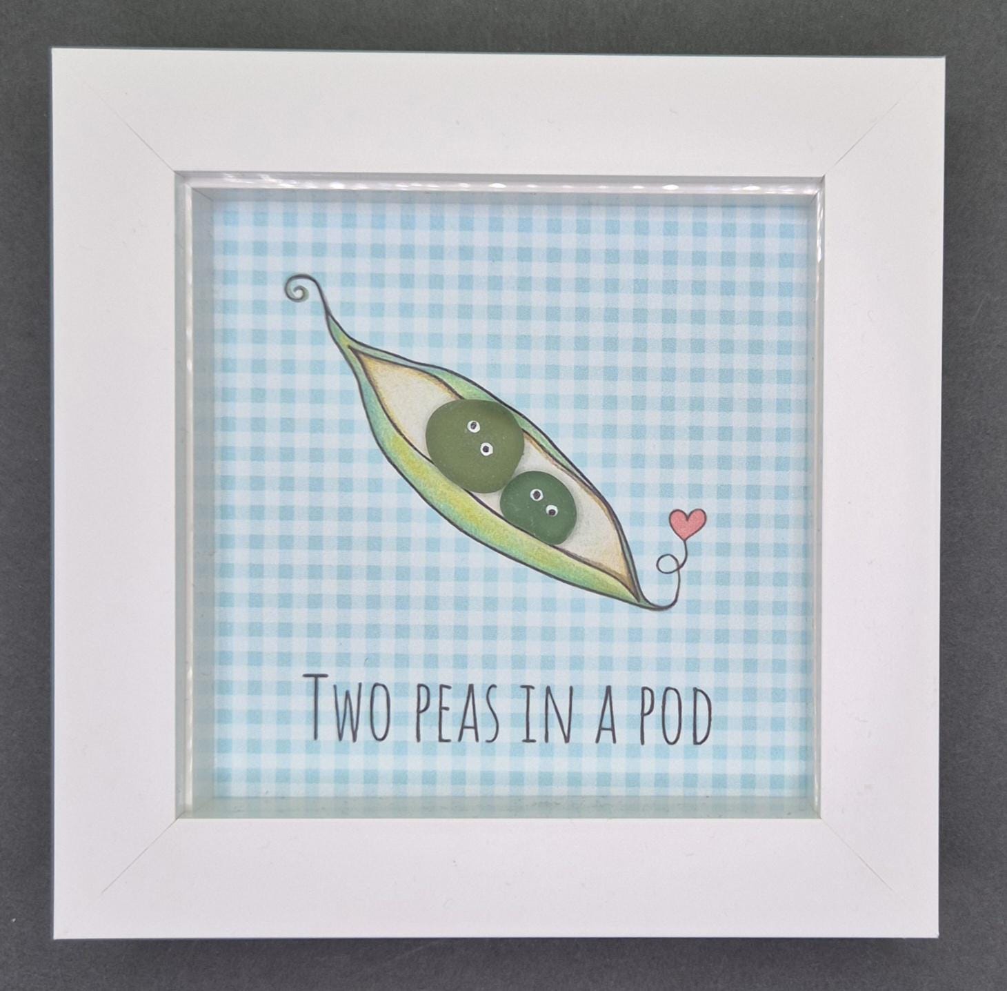Sea Glass Art - Two Peas in a Pod Framed Picture, Handmade 5x5 Blue