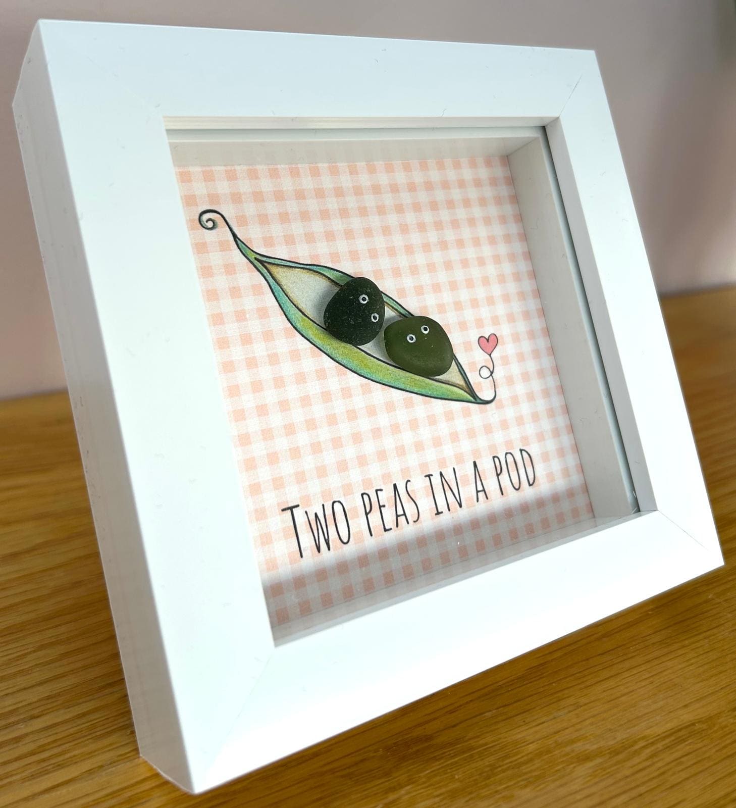 Sea Glass Art - Two Peas in a Pod Framed Picture, Handmade 5x5 Peach