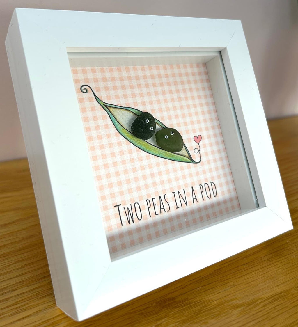 Sea Glass Art - Two Peas in a Pod Framed Picture, Handmade 5x5 Peach