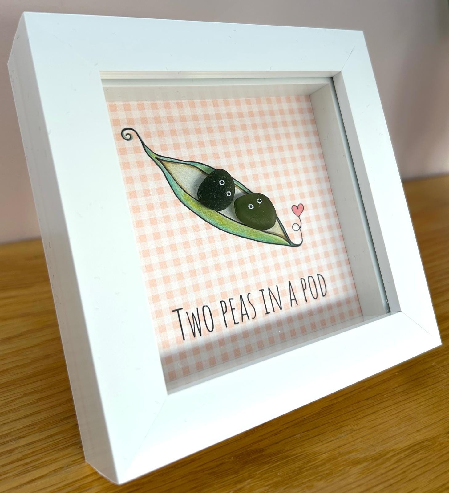 Sea Glass Art - Two Peas in a Pod Framed Picture, Handmade 5x5 Peach