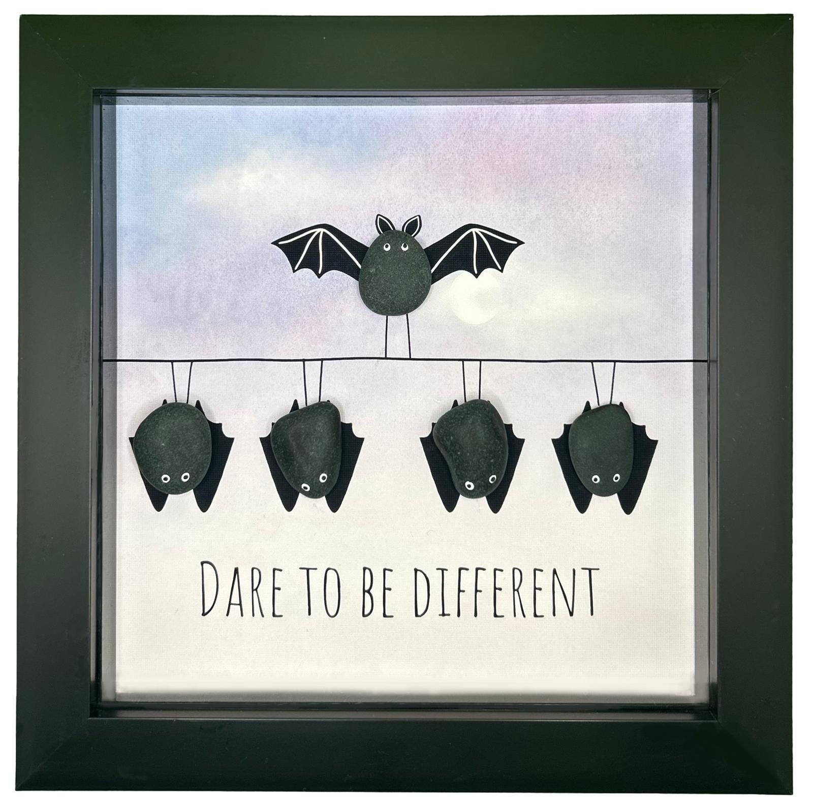 Pebble Bat Art: Quirky bat picture in 7x7 Frame – Dare to Be Different
