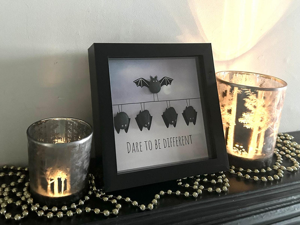 Pebble Bat Art: Quirky bat picture in 7x7 Frame – Dare to Be Different