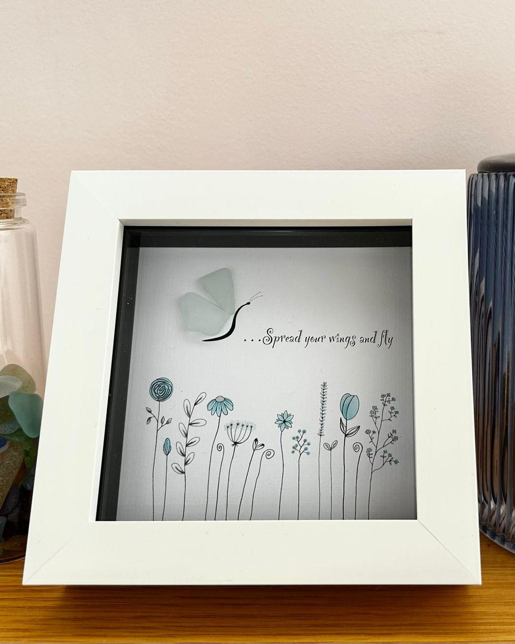Sea Glass Butterfly – Coastal Picture with Quote – “Spread Your Wings and Fly” – Uplifting Gift