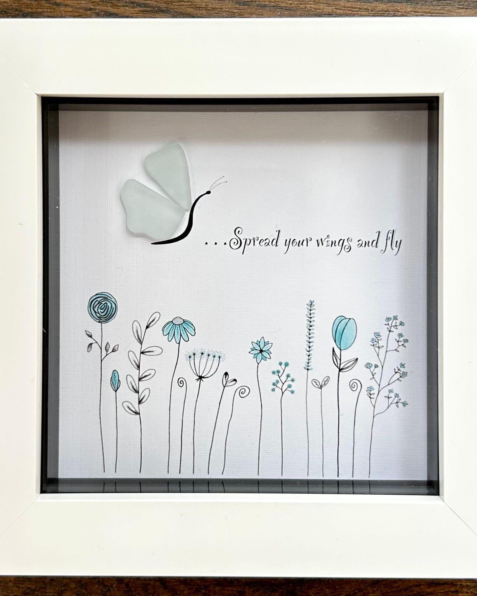 Sea Glass Butterfly – Coastal Picture with Quote – “Spread Your Wings and Fly” – Uplifting Gift