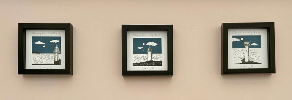 Longships Lighthouse Artwork – Cornwall Lighthouse Nautical Bold Illustration, Coastal Travel Memory, nautical wall decor, Framed, UK Artist