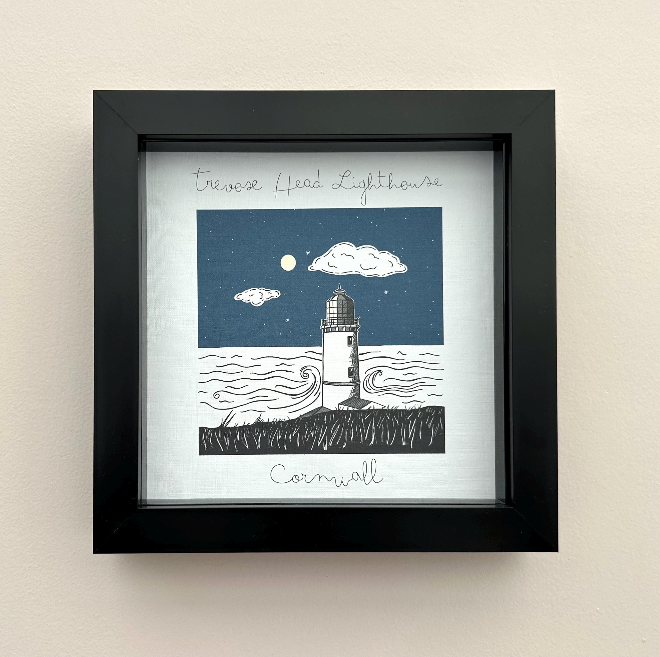 Trevose Head Lighthouse Artwork – Cornwall Coastal Bold Illustration Image, Nautical Decor, Collection, UK Artist Framed Picture