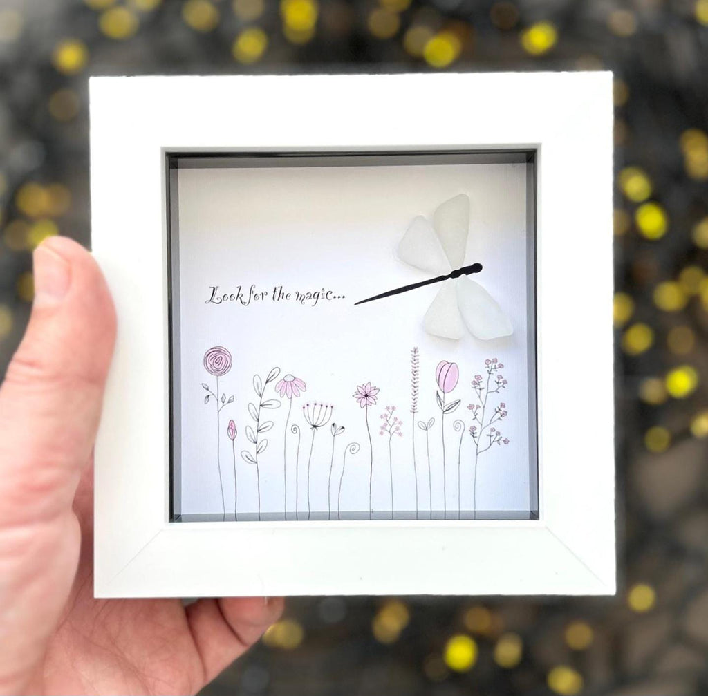 Dragonfly Sea Glass Hope Picture, Pink Flowers, New Garden Artwork, Quote - Look For The Magic, UK Coastal Artist Keepsake, Gift, Love Token