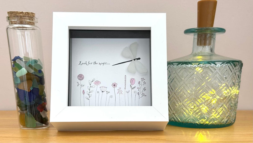 Dragonfly Sea Glass Hope Picture, Pink Flowers, New Garden Artwork, Quote - Look For The Magic, UK Coastal Artist Keepsake, Gift, Love Token