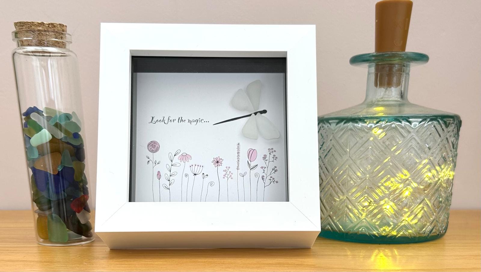 Dragonfly Sea Glass Hope Picture, Pink Flowers, New Garden Artwork, Quote - Look For The Magic, UK Coastal Artist Keepsake, Gift, Love Token