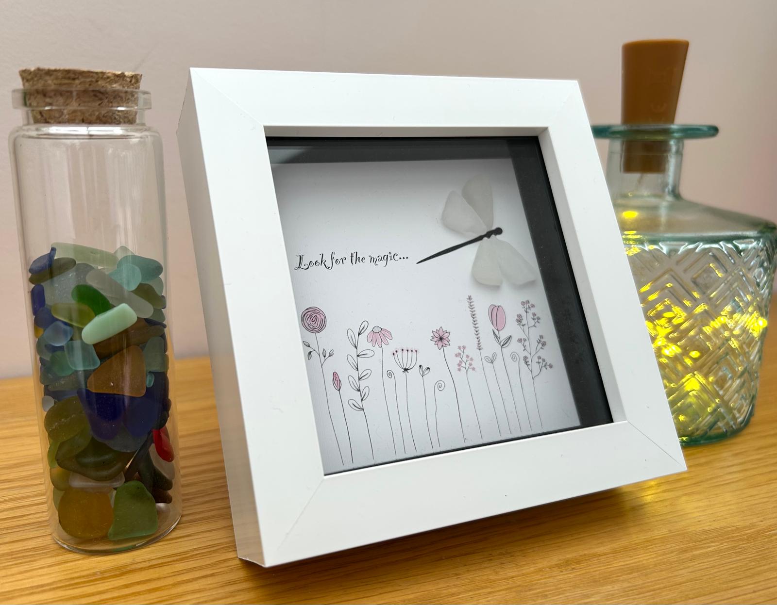 Dragonfly Sea Glass Hope Picture, Pink Flowers, New Garden Artwork, Quote - Look For The Magic, UK Coastal Artist Keepsake, Gift, Love Token