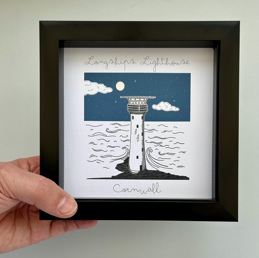 Longships Lighthouse Artwork – Cornwall Lighthouse Nautical Bold Illustration, Coastal Travel Memory, nautical wall decor, Framed, UK Artist