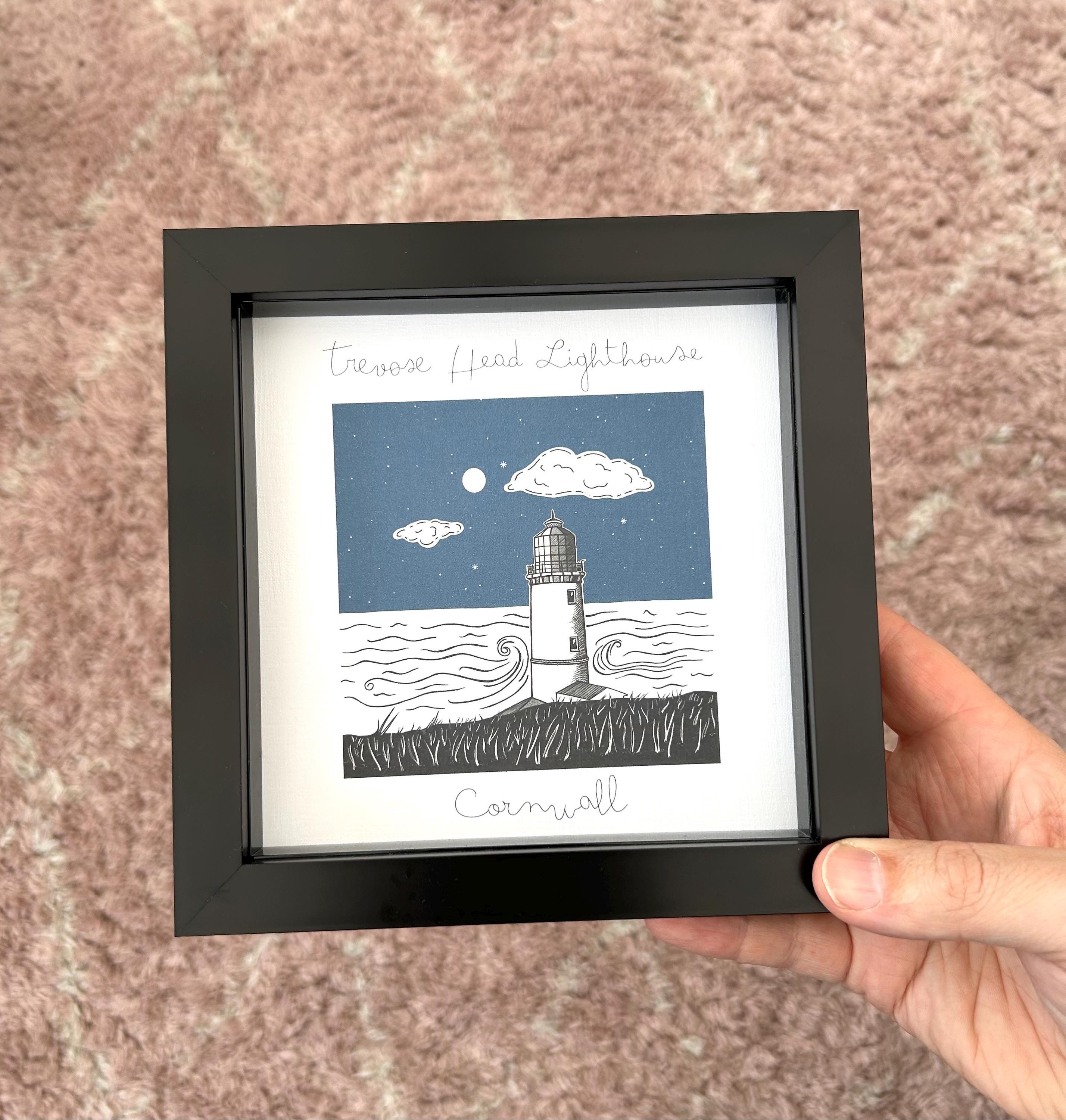 Trevose Head Lighthouse Artwork – Cornwall Coastal Bold Illustration Image, Nautical Decor, Collection, UK Artist Framed Picture