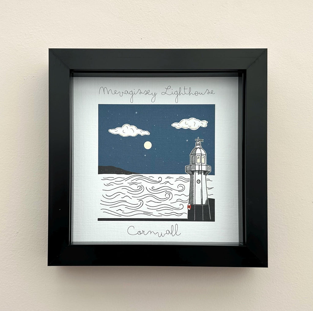 Mevagissey Lighthouse Cornwall Artwork – Nautical Coastal Bold Illustration Image, Cornwall Lighthouse Collection, UK Artist.