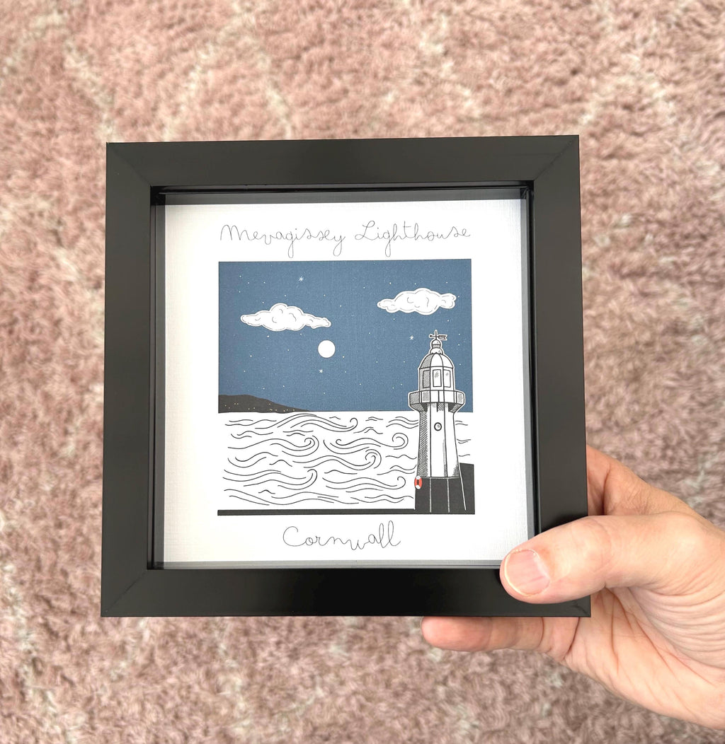 Mevagissey Lighthouse Cornwall Artwork – Nautical Coastal Bold Illustration Image, Cornwall Lighthouse Collection, UK Artist.
