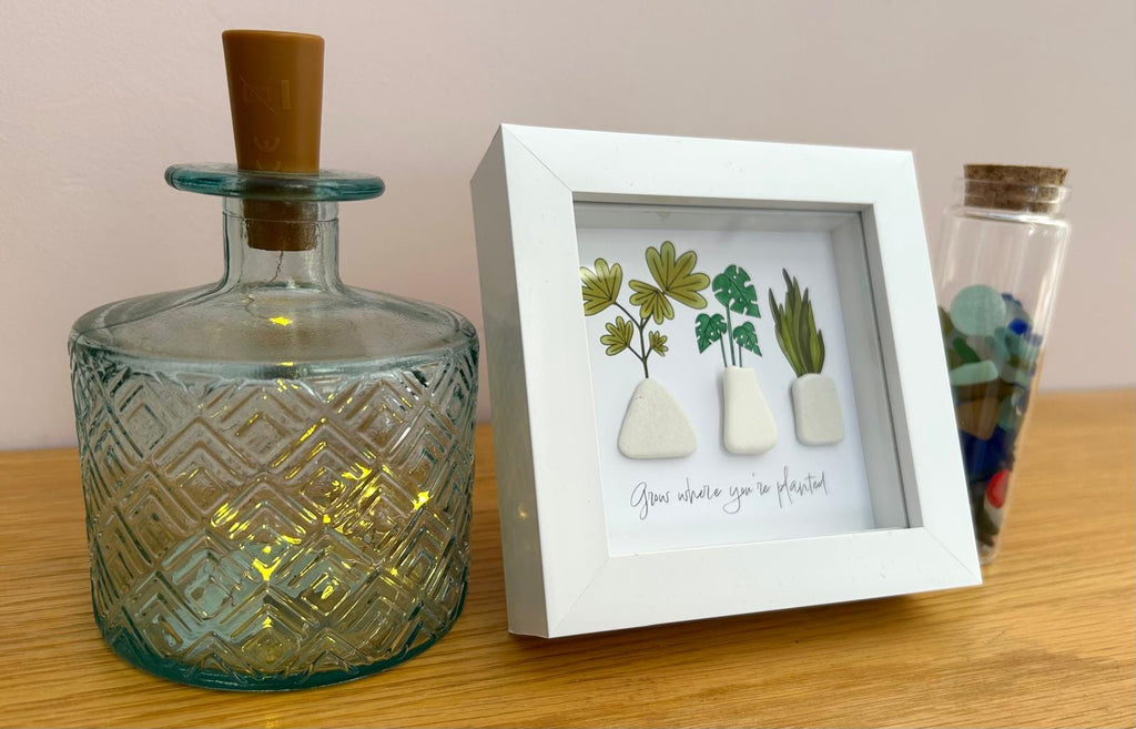 Sea Pottery Plant Vase Picture, "Grow Where You’re Planted" Encouragement New Beginnings Keepsake, UK Coastal Artist Framed Decor