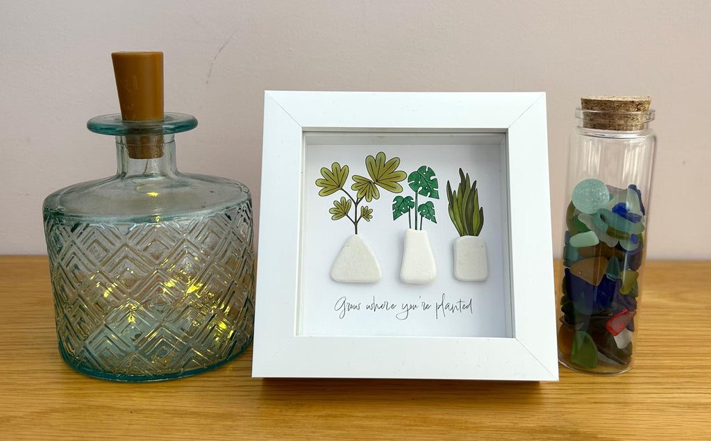 Sea Pottery Plant Vase Picture, "Grow Where You’re Planted" Encouragement New Beginnings Keepsake, UK Coastal Artist Framed Decor