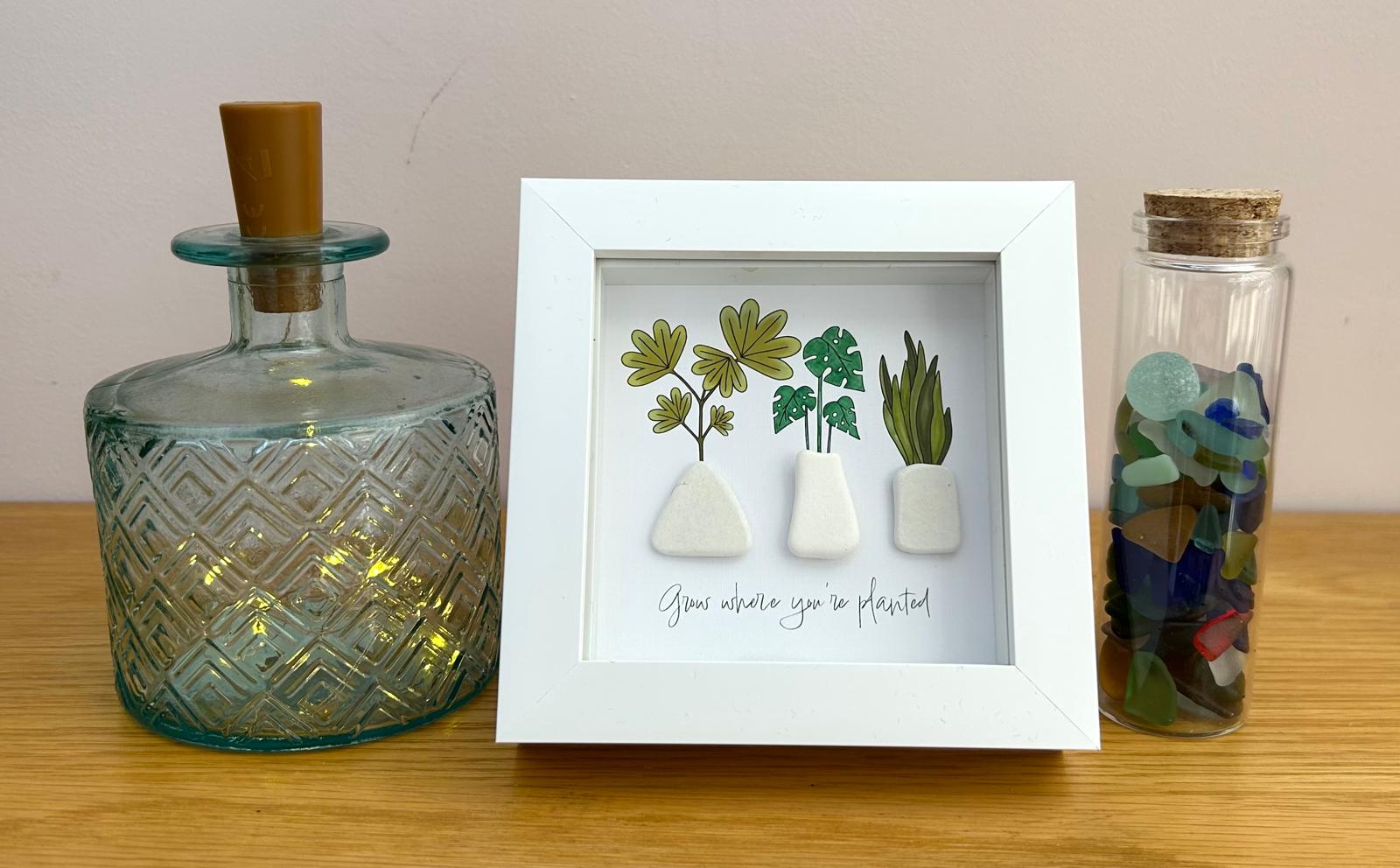 Sea Pottery Plant Vase Picture, "Grow Where You’re Planted" Encouragement New Beginnings Keepsake, UK Coastal Artist Framed Decor