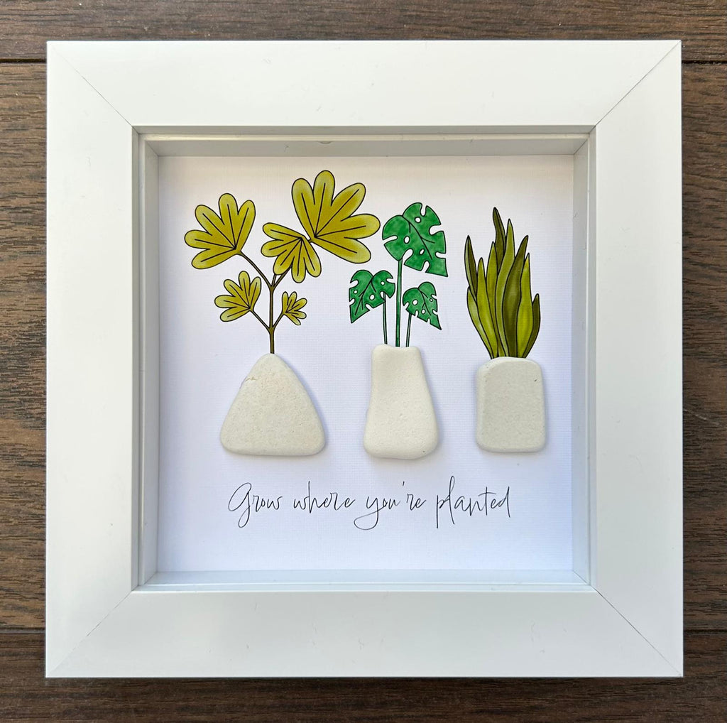 Sea Pottery Plant Vase Picture, "Grow Where You’re Planted" Encouragement New Beginnings Keepsake, UK Coastal Artist Framed Decor