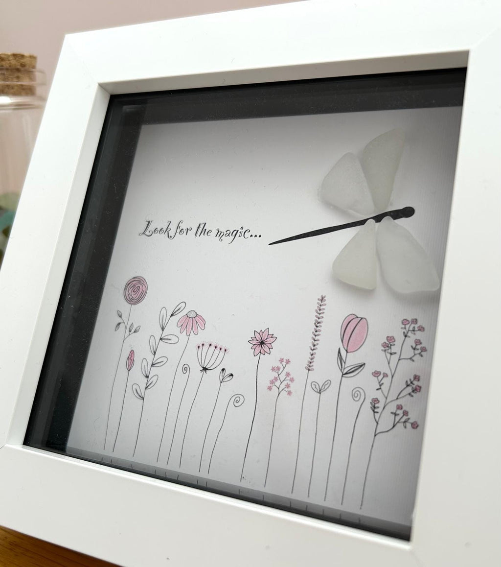 Dragonfly Sea Glass Hope Picture, Pink Flowers, New Garden Artwork, Quote - Look For The Magic, UK Coastal Artist Keepsake, Gift, Love Token