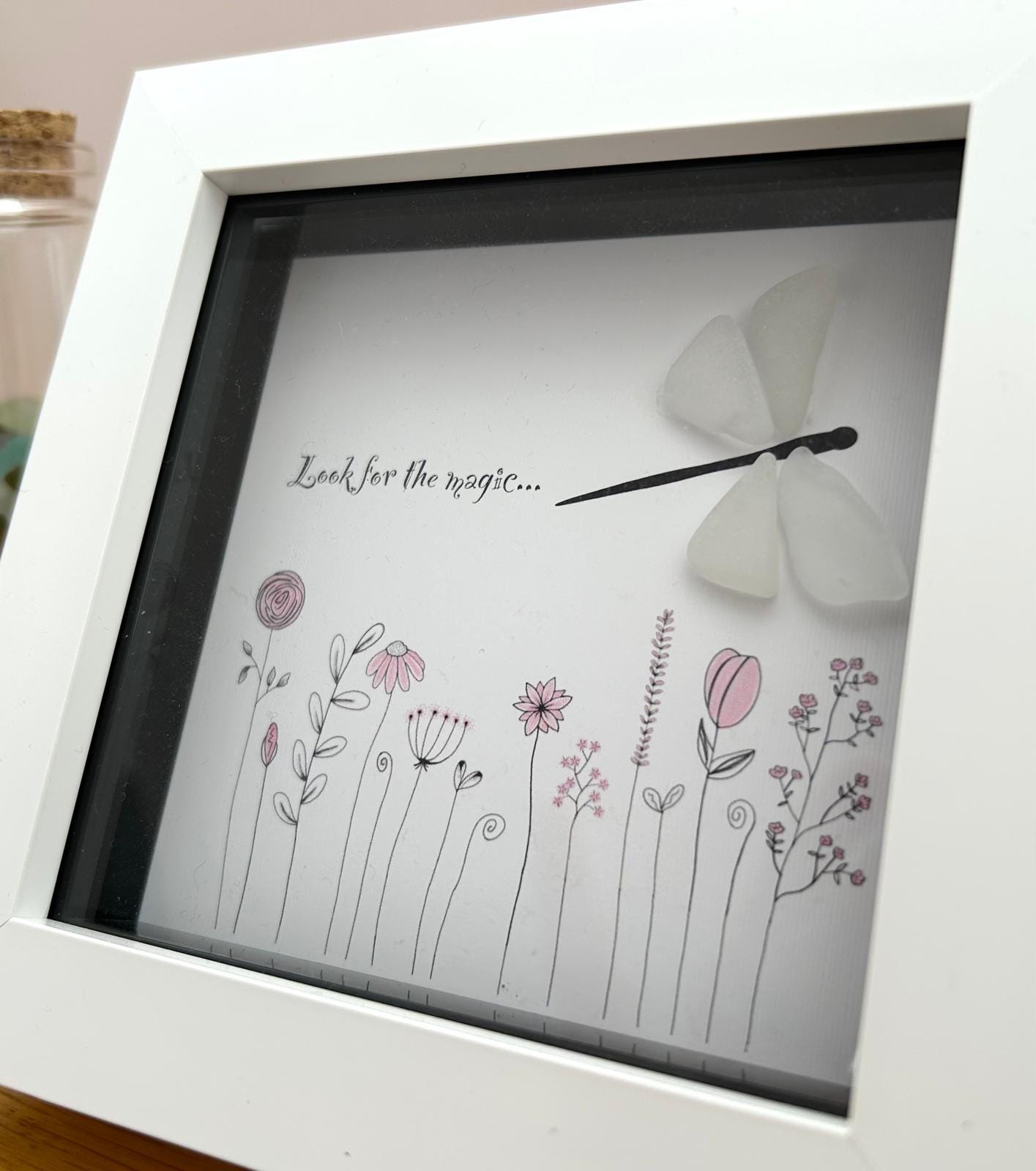 Dragonfly Sea Glass Hope Picture, Pink Flowers, New Garden Artwork, Quote - Look For The Magic, UK Coastal Artist Keepsake, Gift, Love Token