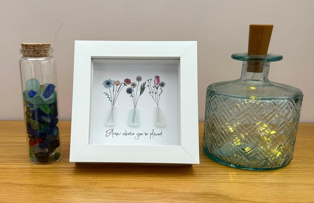 Sea Glass Flower Picture Bloom Where You’re Placed Thinking of You Encouragement Gift UK Coastal Artist Framed Keepsake New Beginnings