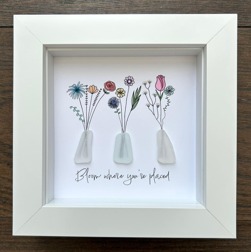 Sea Glass Flower Picture Bloom Where You’re Placed Thinking of You Encouragement Gift UK Coastal Artist Framed Keepsake New Beginnings