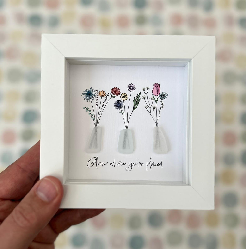 Sea Glass Flower Picture Bloom Where You’re Placed Thinking of You Encouragement Gift UK Coastal Artist Framed Keepsake New Beginnings