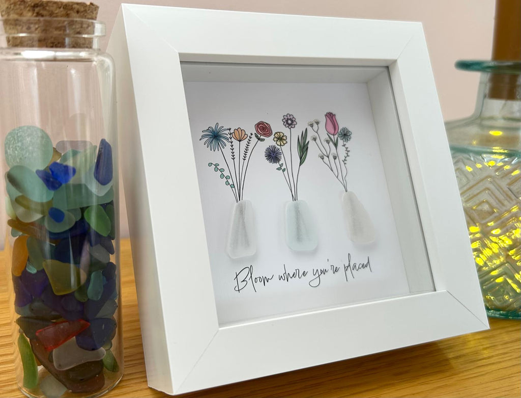 Sea Glass Flower Picture Bloom Where You’re Placed Thinking of You Encouragement Gift UK Coastal Artist Framed Keepsake New Beginnings