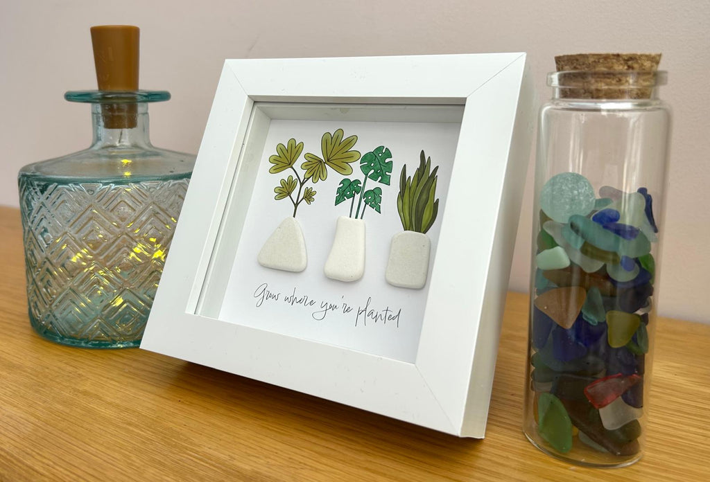 Sea Pottery Plant Vase Picture, "Grow Where You’re Planted" Encouragement New Beginnings Keepsake, UK Coastal Artist Framed Decor