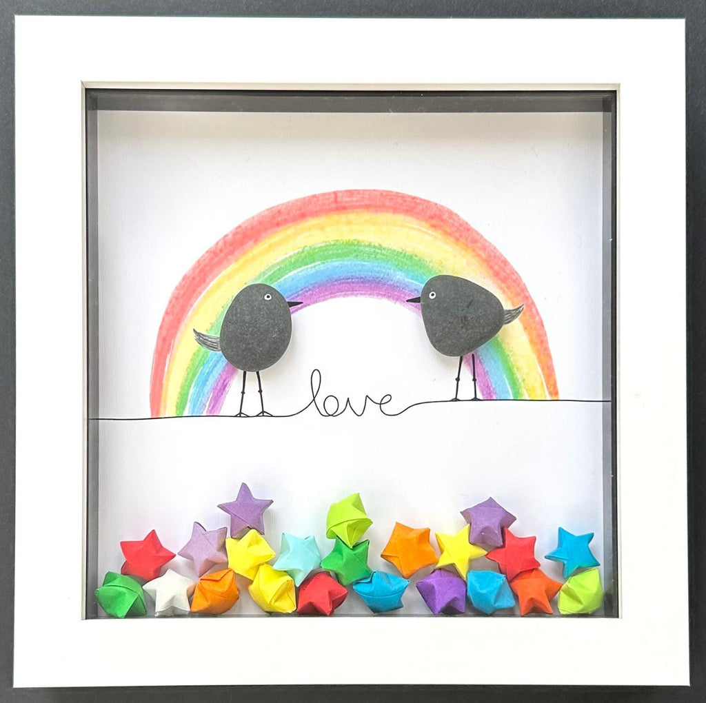 Pebble Bird Rainbow Picture – Romantic Love Keepsake for Boyfriend Girlfriend Husband Wife Couples Wedding Anniversary Picture – Coastal Art