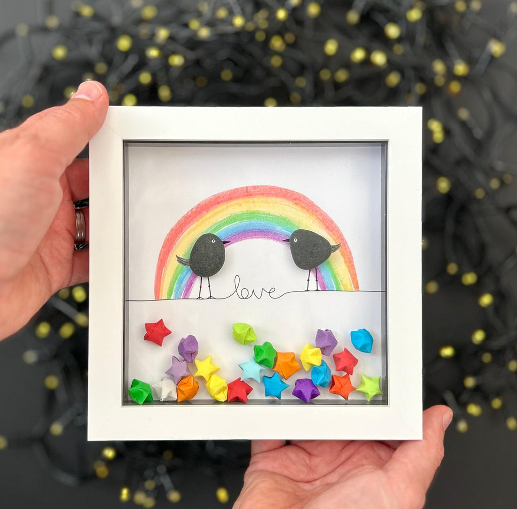 Pebble Bird Rainbow Picture – Romantic Love Keepsake for Boyfriend Girlfriend Husband Wife Couples Wedding Anniversary Picture – Coastal Art