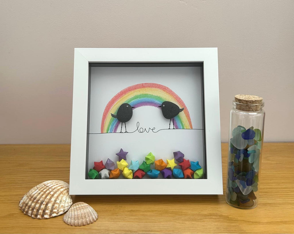 Pebble Bird Rainbow Picture – Romantic Love Keepsake for Boyfriend Girlfriend Husband Wife Couples Wedding Anniversary Picture – Coastal Art