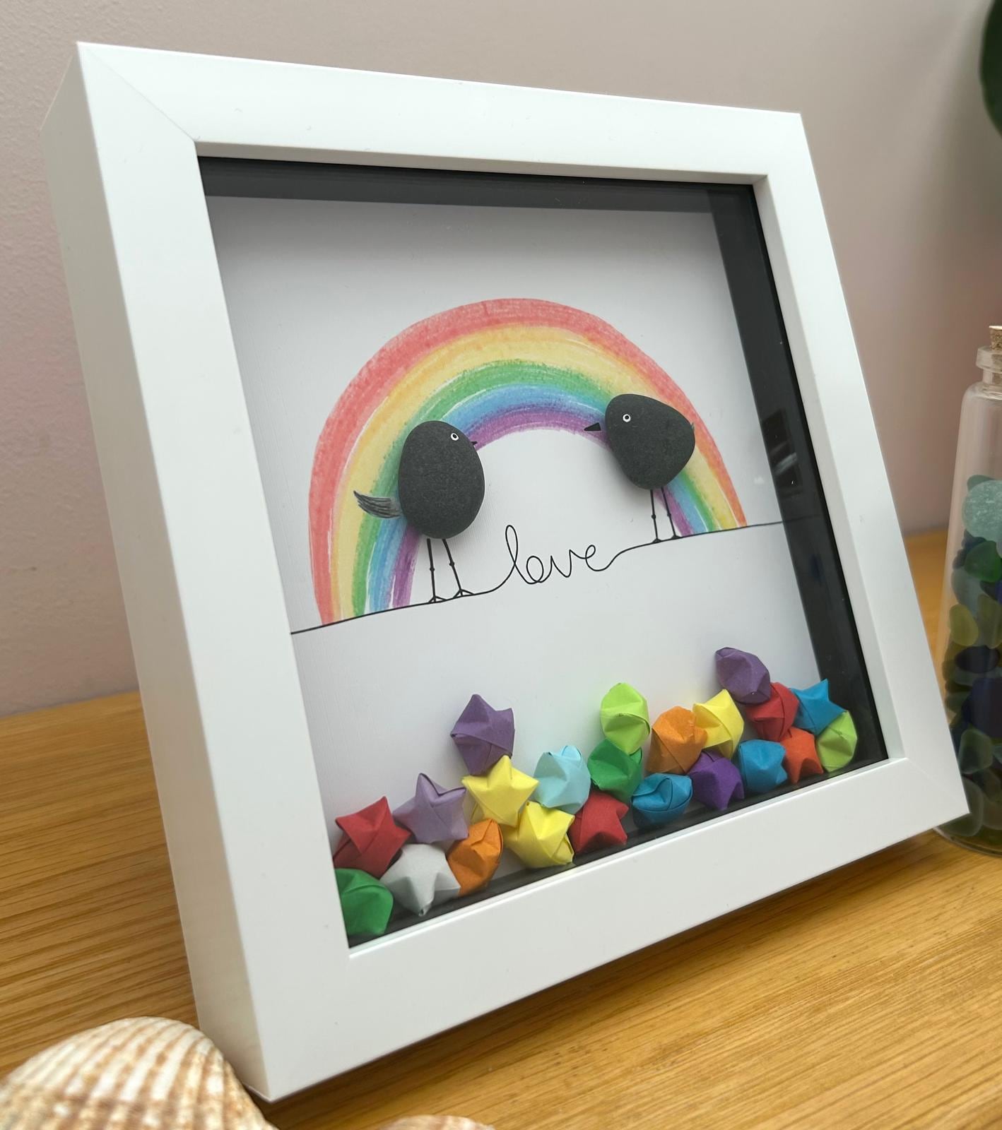 Pebble Bird Rainbow Picture – Romantic Love Keepsake for Boyfriend Girlfriend Husband Wife Couples Wedding Anniversary Picture – Coastal Art
