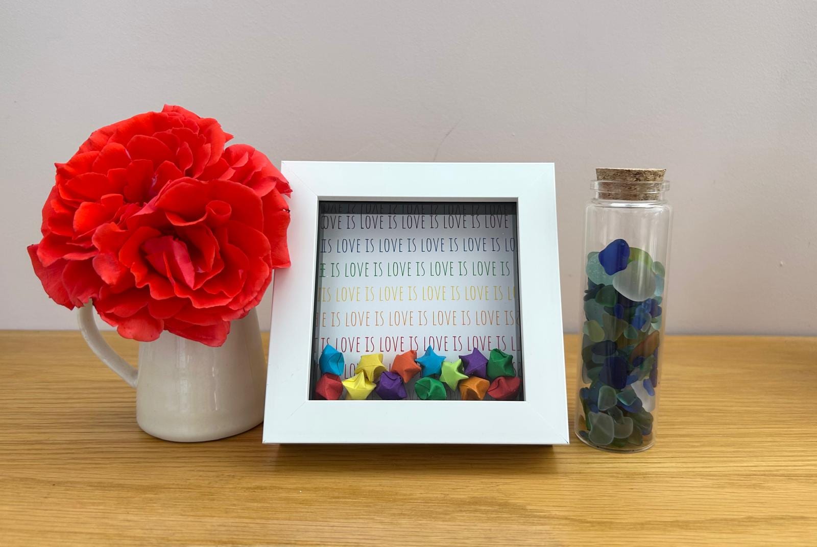 Love Is Love with Origami Stars, Romantic Couple Keepsake for Partner, Husband, Wife, Girlfriend, Boyfriend or Valentine token,