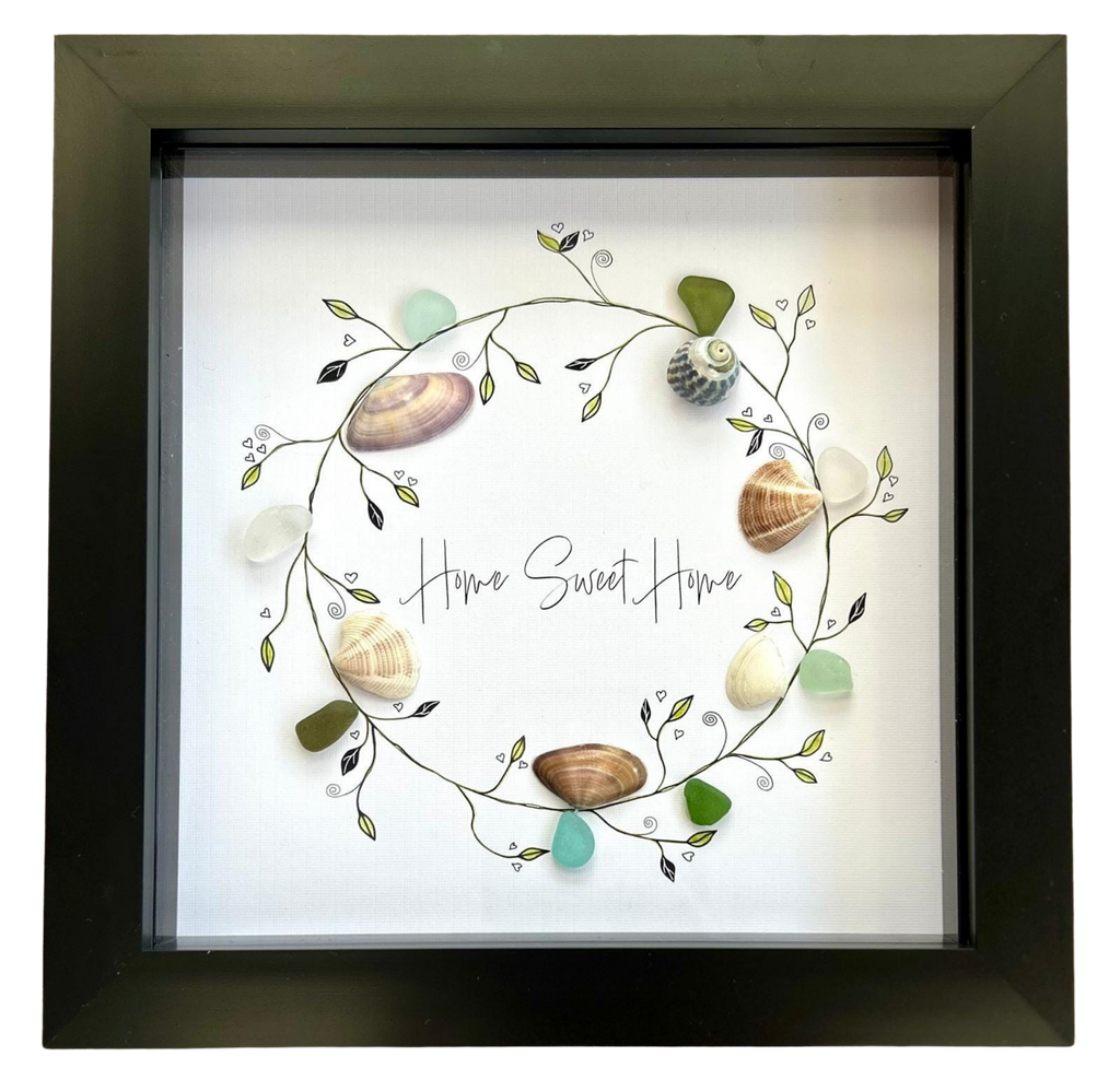 Handmade Sea Glass Shell Wreath – Coastal “Home Sweet Home” Framed Art