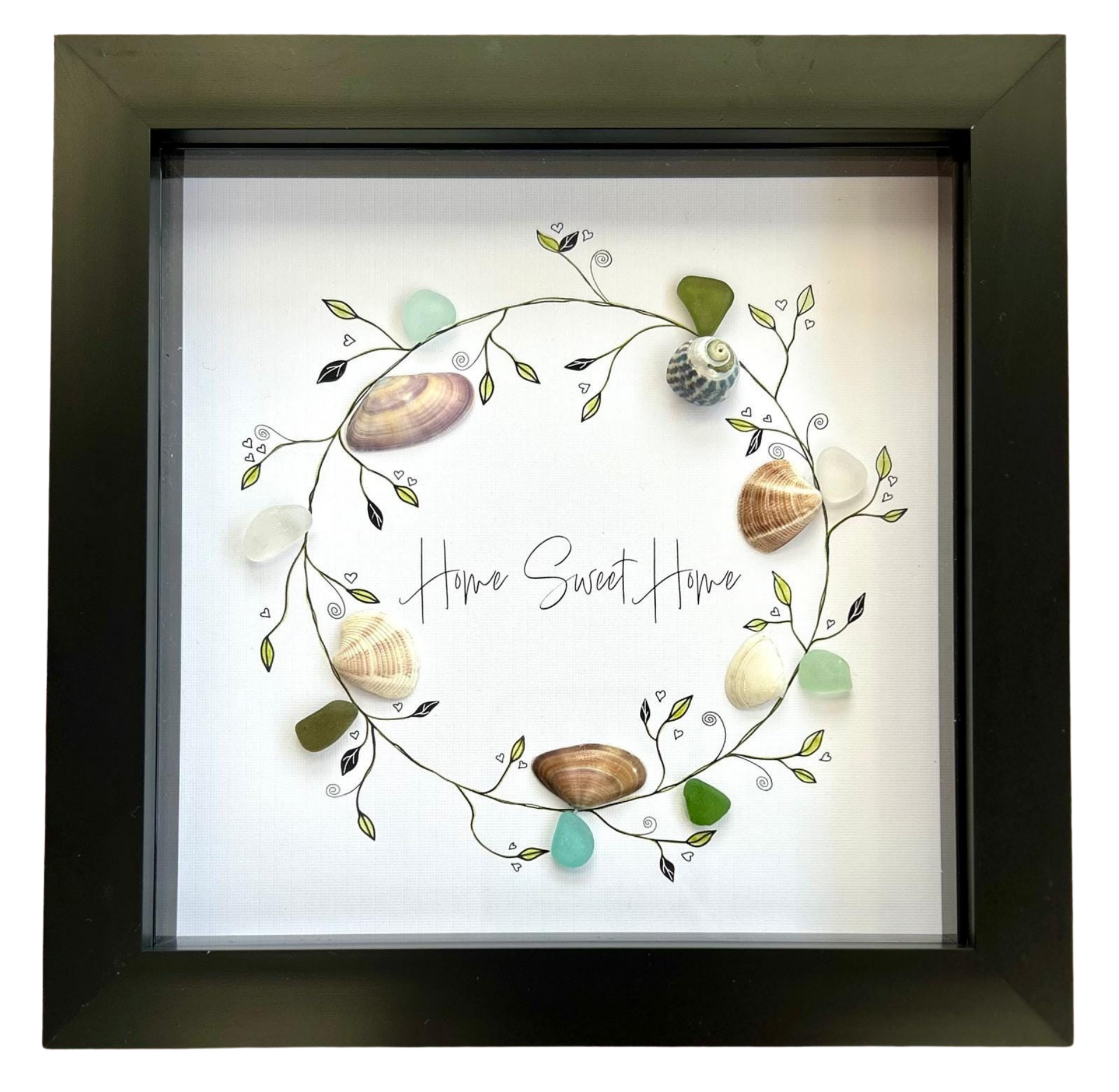 Handmade Sea Glass Shell Wreath – Coastal “Home Sweet Home” Framed Art